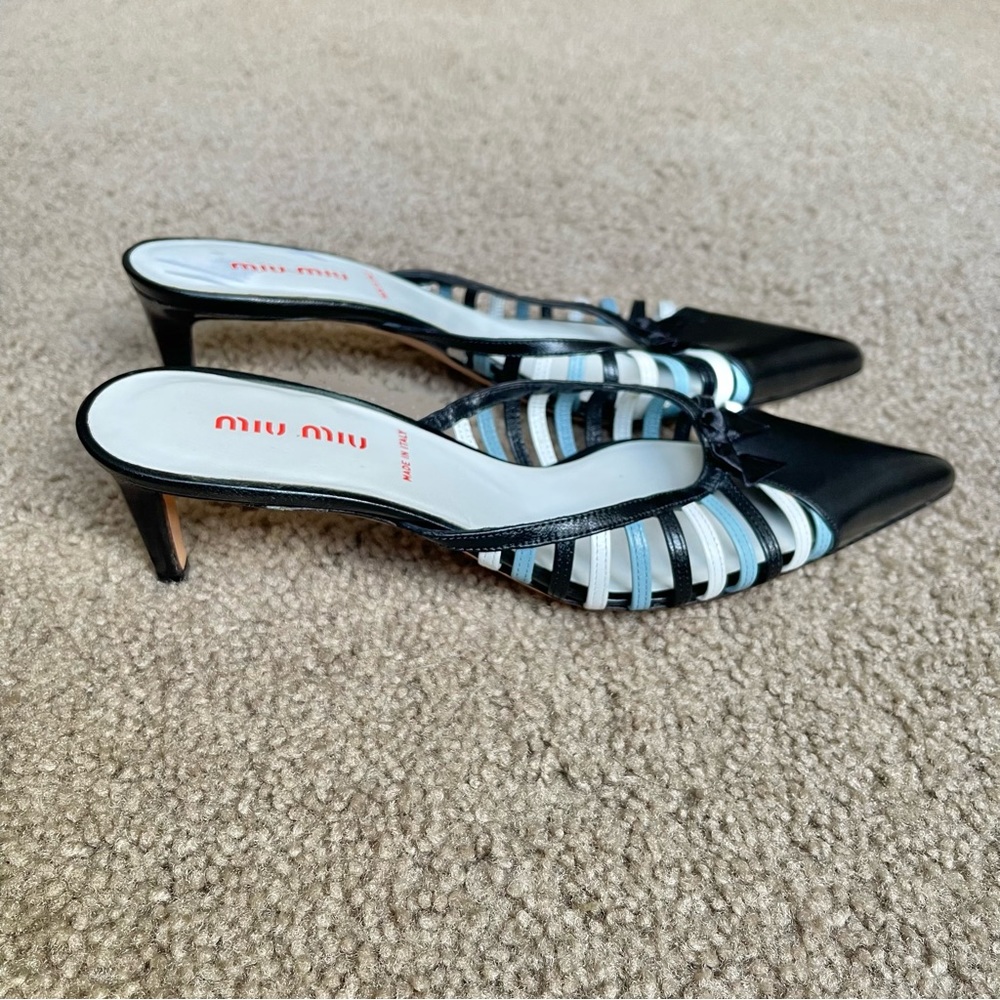 Miu Miu Blue/Black Leather Low Heeled Slides Sz 37 - image 1